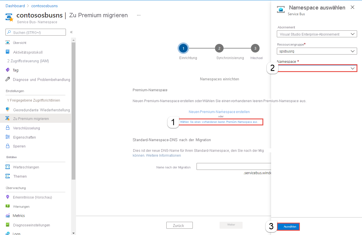 Das Bild zeigt die Auswahl eines bestehenden Premium-Namensraums.