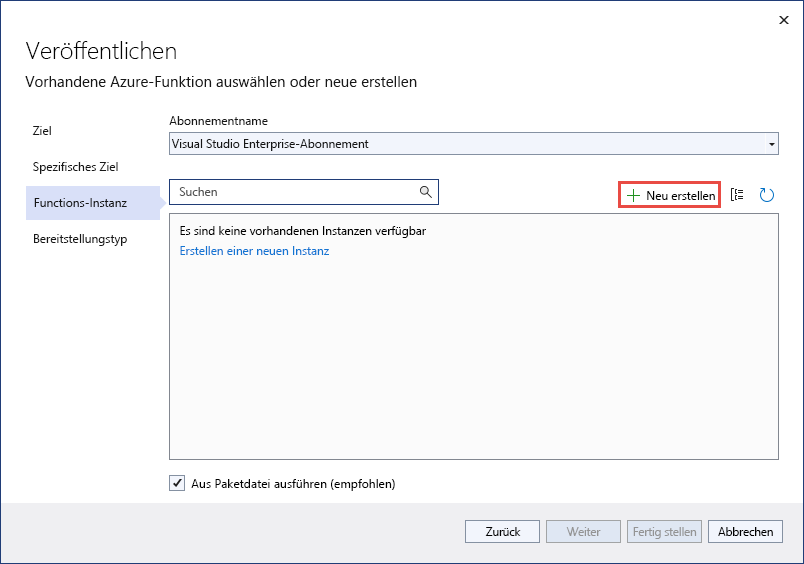 Screenshot der Schaltfläche „Funktion hinzufügen“ im Visual Studio-Dialogfeld „Veröffentlichen“