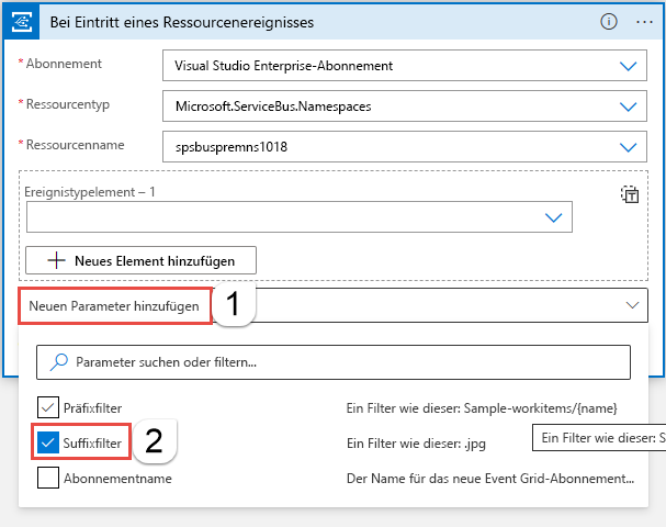 Screenshot, der das Hinzufügen eines neuen Parameters vom Typ Suffixfilter zeigt.