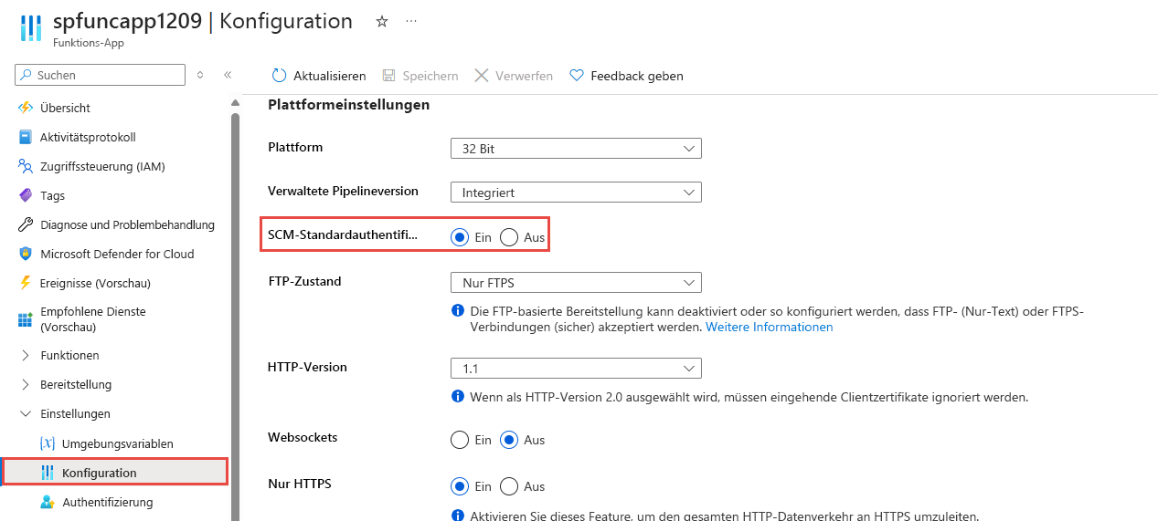 Screenshot der aktivierten Option „Veröffentlichungsanmeldeinformationen für die SCM-Standardauthentifizierung“