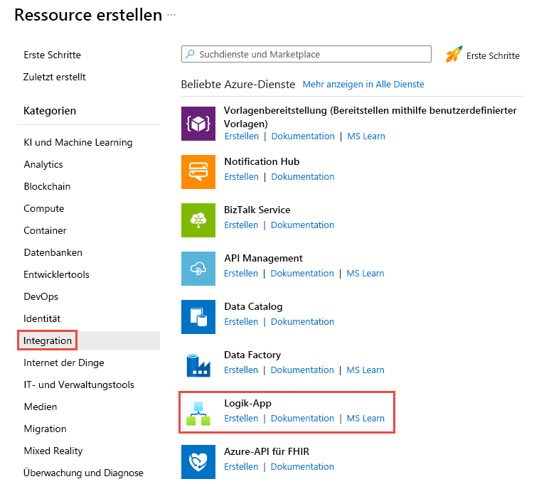 Screenshot des Logikappmenüs „Ressource erstellen -> Integration ->“.