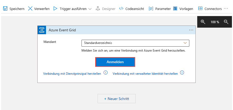 Screenshot des Logic Apps-Designers mit ausgewählter Schaltfläche „Anmelden“.