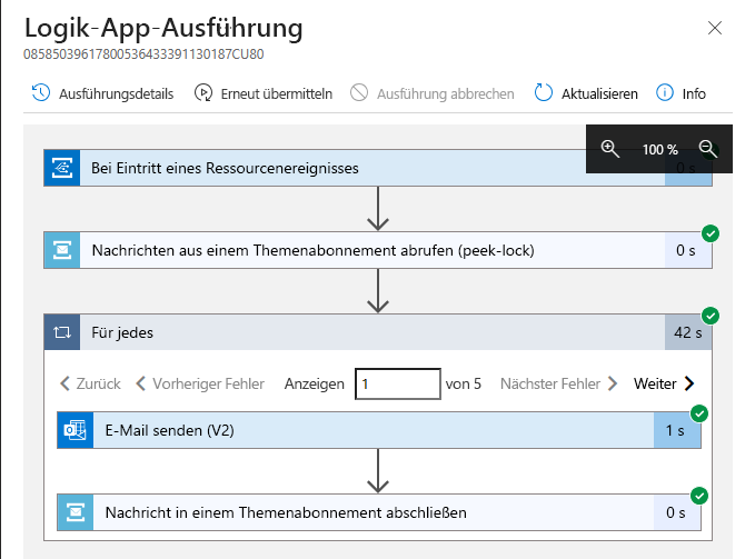 Screenshot, der die Details für die ausgewählte Logikappausführung zeigt.