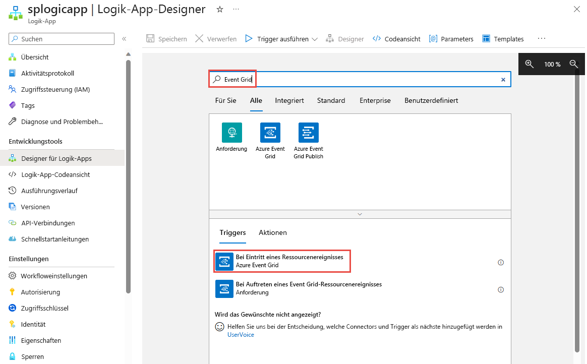 Screenshot: Logic Apps-Designer mit ausgewähltem Event Grid-Auslöser.
