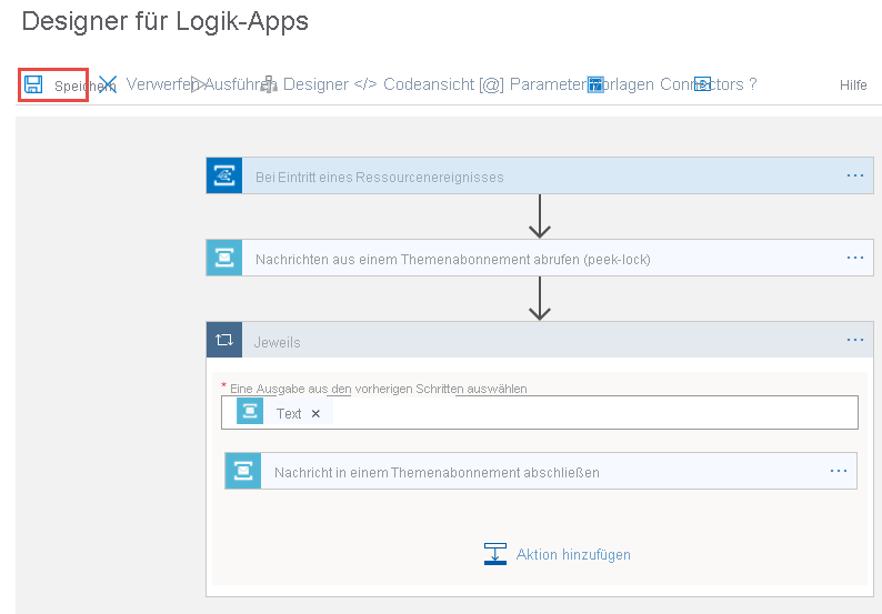 Screenshot der Schaltfläche „Speichern“ in der erstellten Logikapp.