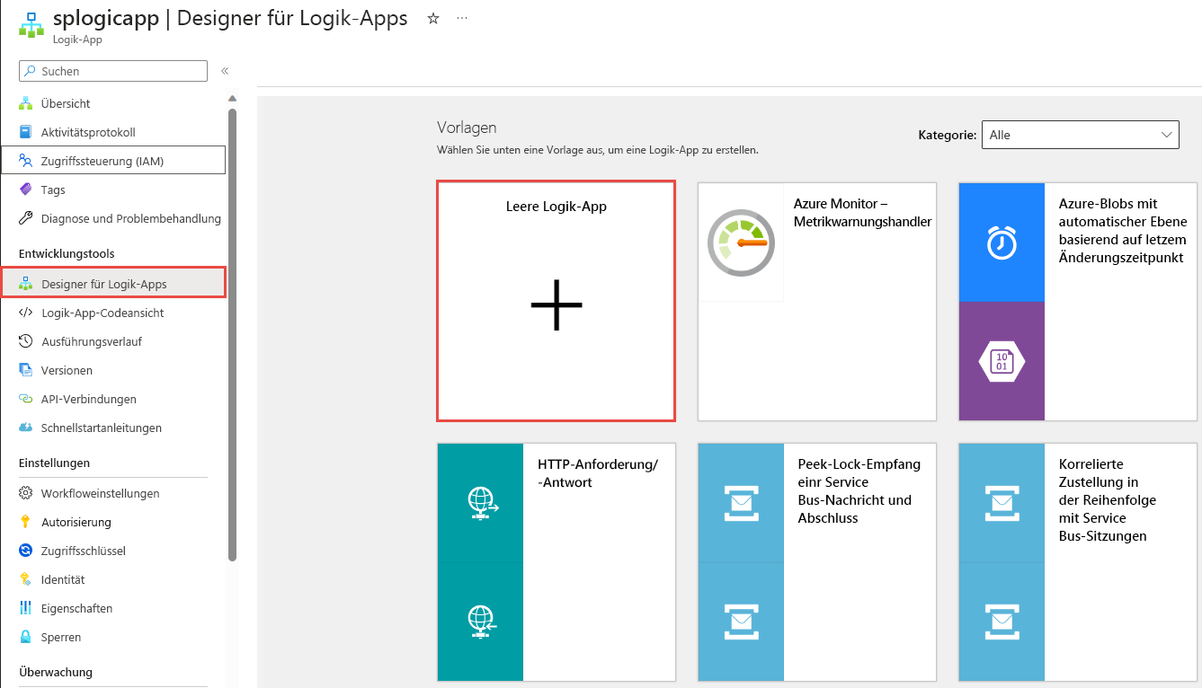 Screenshot der Seite „Logikappdesigner“ mit ausgewählter Option „Leere Logikapp“.