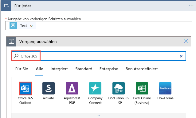 Screenshot: Auswahl von Office 365.