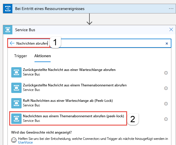 Screenshot: Logikappdesigner mit ausgewählter Option zum Abrufen von Nachrichten aus einem Themenabonnemen.