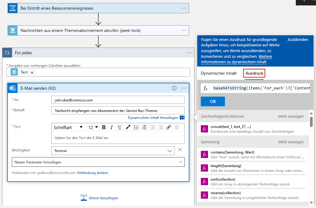 Screenshot des Ausdrucks für „Textkörper“ der Aktivität „E-Mail senden“.