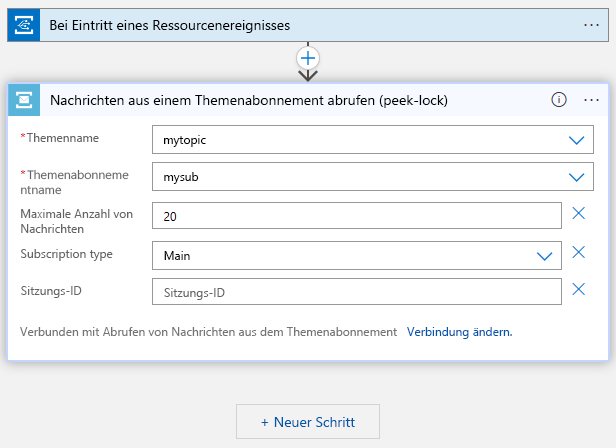 Screenshot: Logikappdesigner mit angegebenem Service Bus-Thema und -Abonnement.