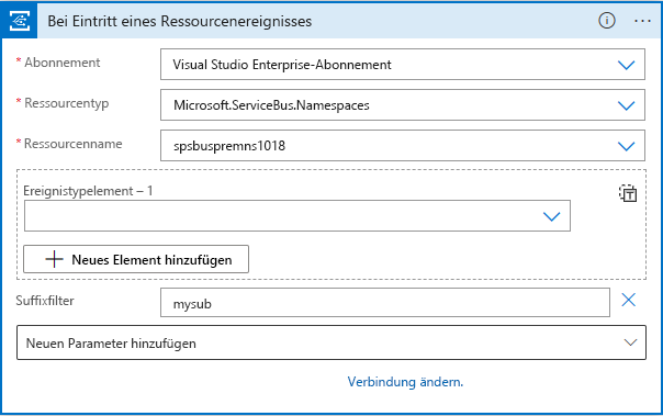 Screenshot: Logikappdesigner mit Verbindungskonfiguration für den Service Bus-Namespace.