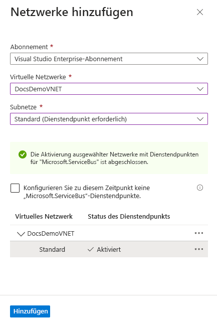 Abbildung: Erfolgsmeldung zur Aktivierung des Dienstendpunkts