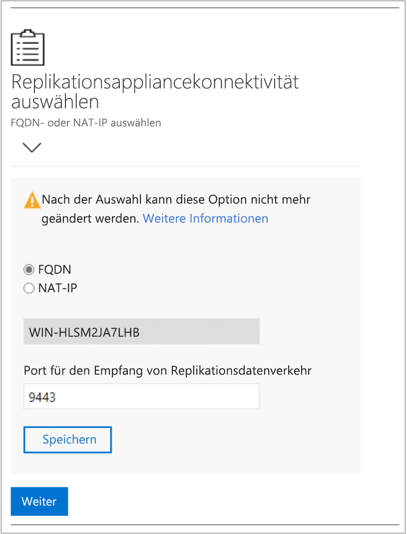 Screenshot der Appliance-Konnektivitätsoptionen.