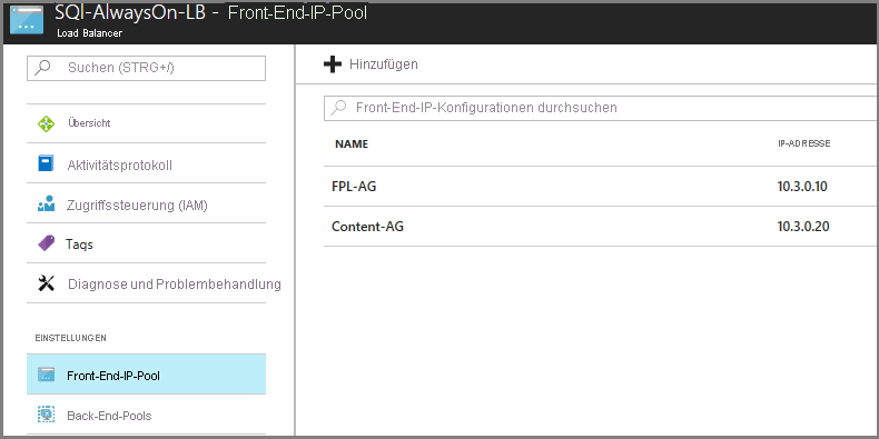 Screenshot des Fensters mit dem Titel „SQL-AlwaysOn-LB – Frontend-IP-Pool“