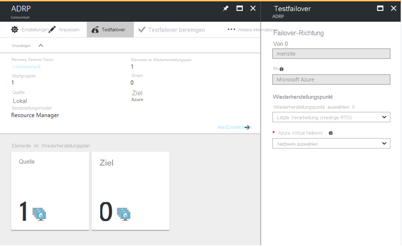 Screenshot der Seite „Testfailover“ im Azure-Portal