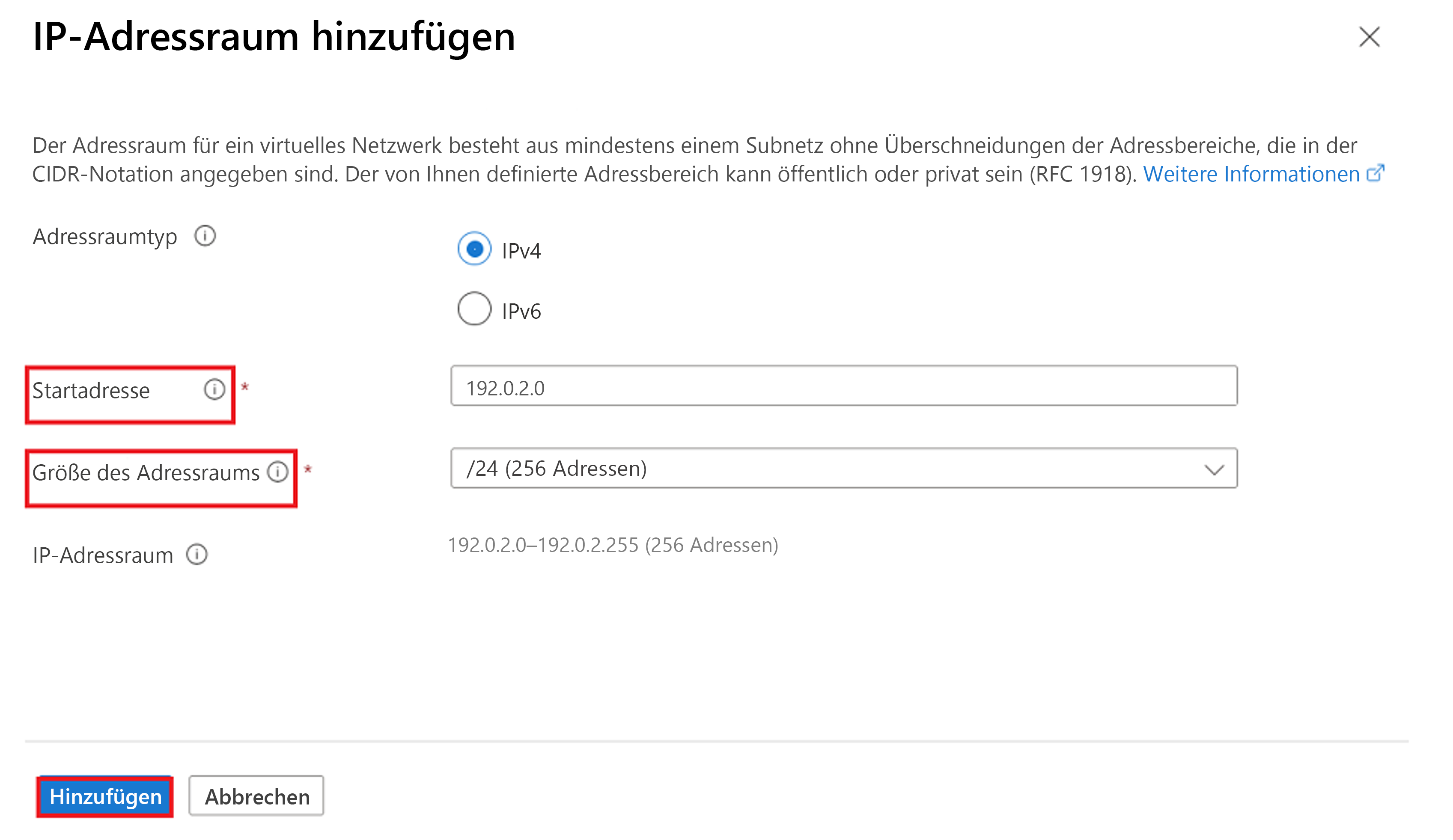 Screenshot: Optionen zum Erstellen eines virtuellen Netzwerks.