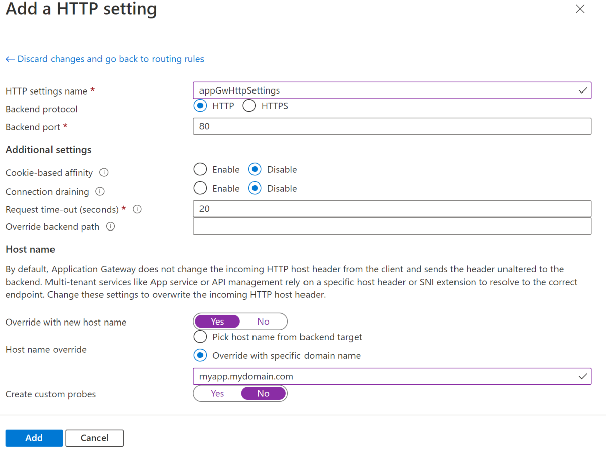 Screenshot der Azure-Portal-Seite „eine H T T P Einstellung hinzufügen“.