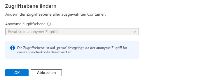 Screenshot: Das Festlegen der anonymen Zugriffsebene eines Containers wird blockiert, wenn der anonyme Zugriff für das Konto verweigert wird.