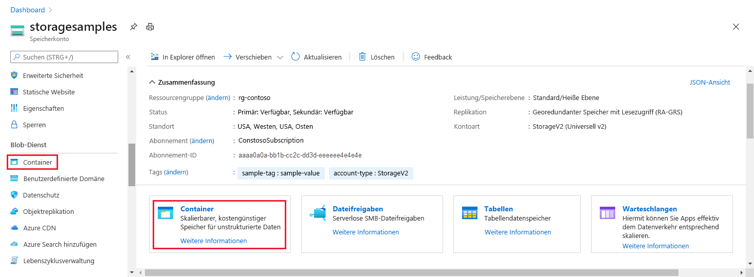 Screenshot der Navigation zu Blobdaten im Azure-Portal