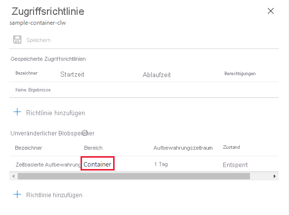 Screenshot: Für einen Container konfigurierte Aufbewahrungsrichtlinie auf Containerebene