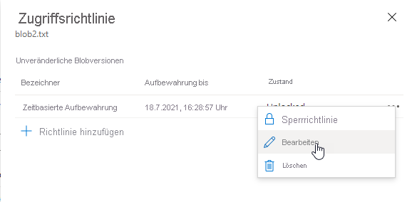 Screenshot: Bearbeiten einer vorhandenen zeitbasierten Aufbewahrungsrichtlinie auf Versionsebene im Azure-Portal