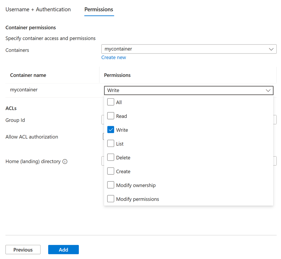 Screenshot der Registerkarte Berechtigungen