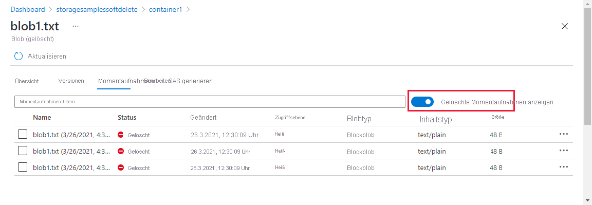 Screenshot: Anzeigen gelöschter Momentaufnahmen im Azure-Portal