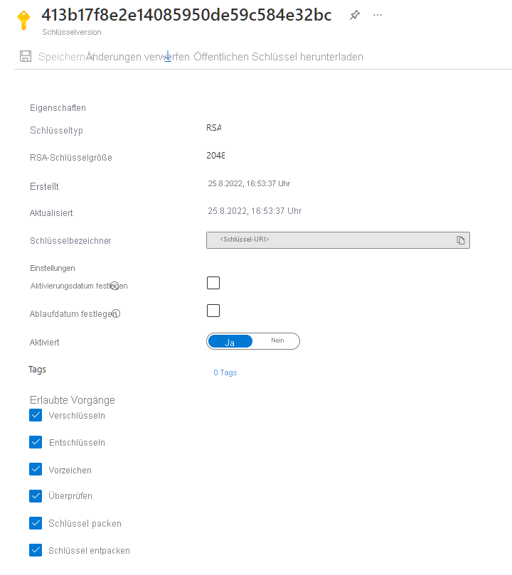 Screenshot des Schlüssel-URI des Schlüsseltresors im Azure-Portal.