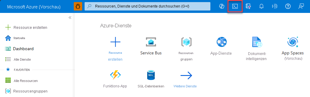 Screenshot, der zeigt, wie Sie von Cloud Shell aus auf Azure Developer CLI zugreifen.