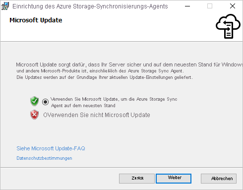 Stellen Sie sicher, dass Microsoft Update im Bereich „Microsoft Update“ des Installers für den Azure-Dateisynchronisierungs-Agent aktiviert ist.