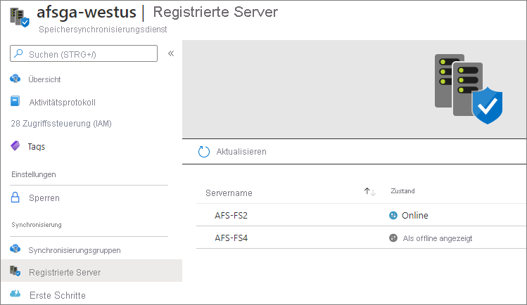 Screenshot der Seite „Registrierte Server“ mit Servername und -zustand