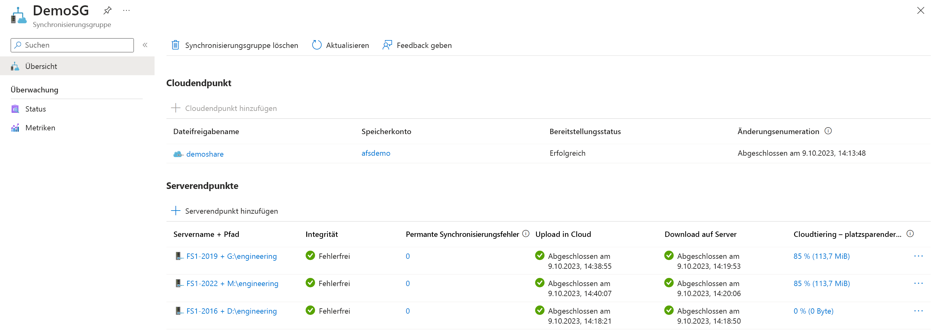 Screenshot der Serverendpunktintegrität im Azure-Portal.