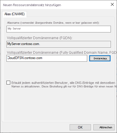 Screenshot: Neuer Ressourceneintrag für einen CNAME-DNS-Eintrag