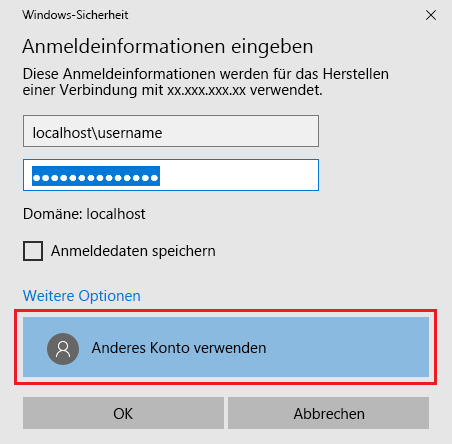 Screenshot: VM-Anmeldeaufforderung mit Hervorhebung der Option „Weitere Optionen“