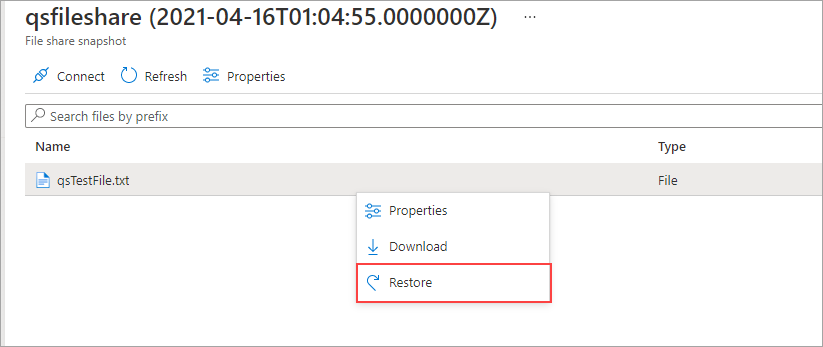 Screenshot der Registerkarte „Momentaufnahme“ mit ausgewählter Datei „qstestfile“ und hervorgehobener Option „Wiederherstellen“.