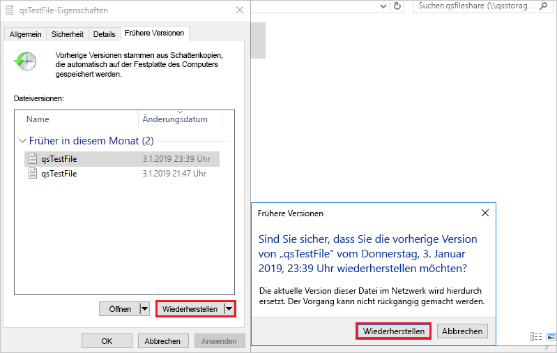 Screenshot: Registerkarte „Vorherige Versionen“ mit Hervorhebung der Schaltfläche „Wiederherstellen“ in der Warnmeldung