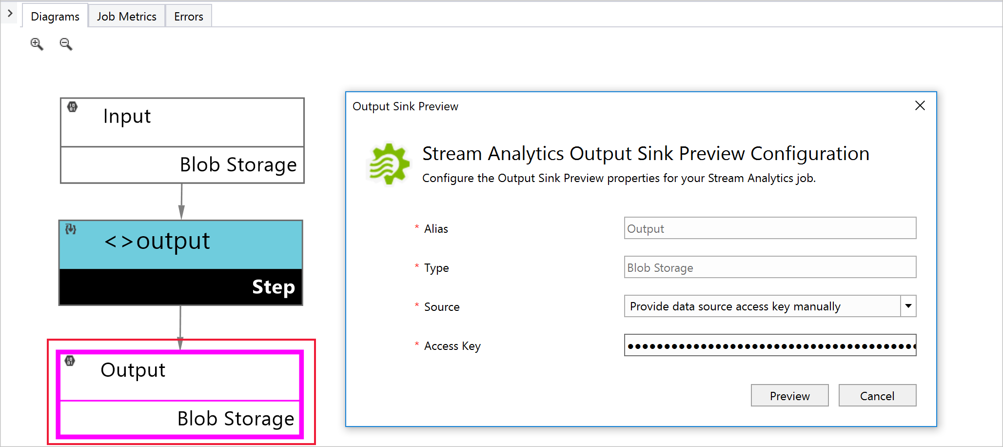 Ausgabe des Stream Analytics-Auftragsblobs