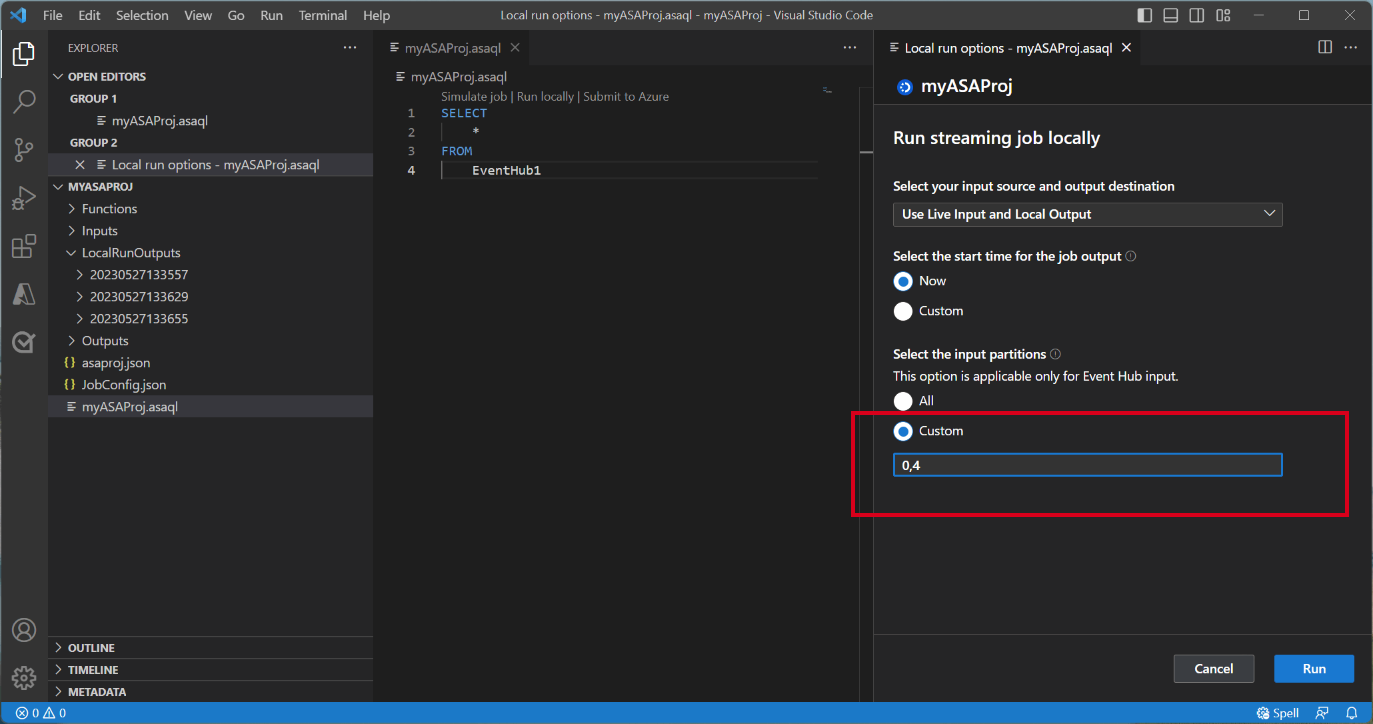 Screenshot der VSCode-Erweiterung bei der Angabe von Event-Hub-Partitionen