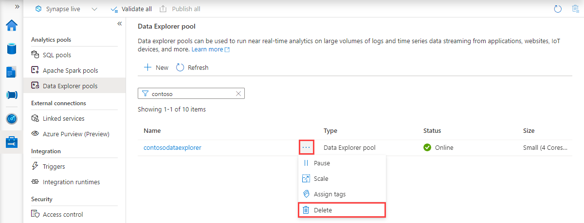 Liste der Data Explorer-Pools, wobei der soeben erstellte Pool ausgewählt ist.