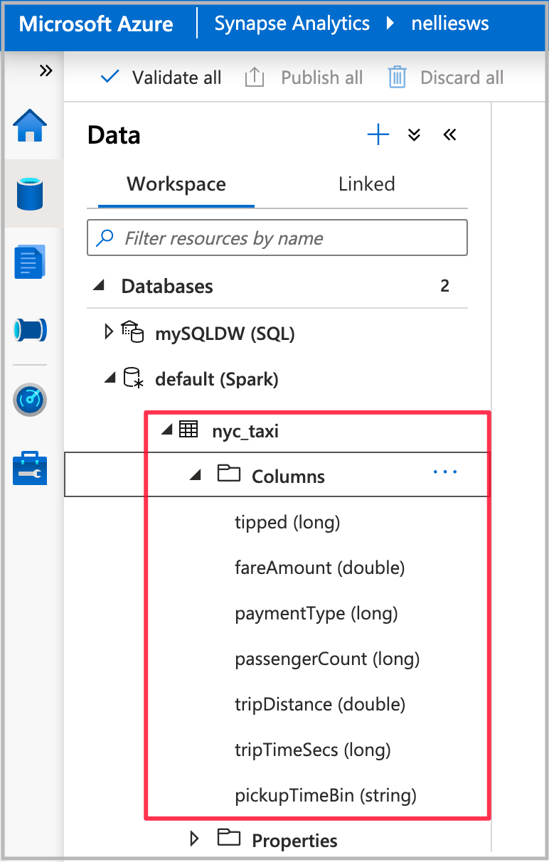 Screenshot: Azure Synapse Analytics-Registerkarte „Daten“ mit hervorgehobener neuer Tabelle