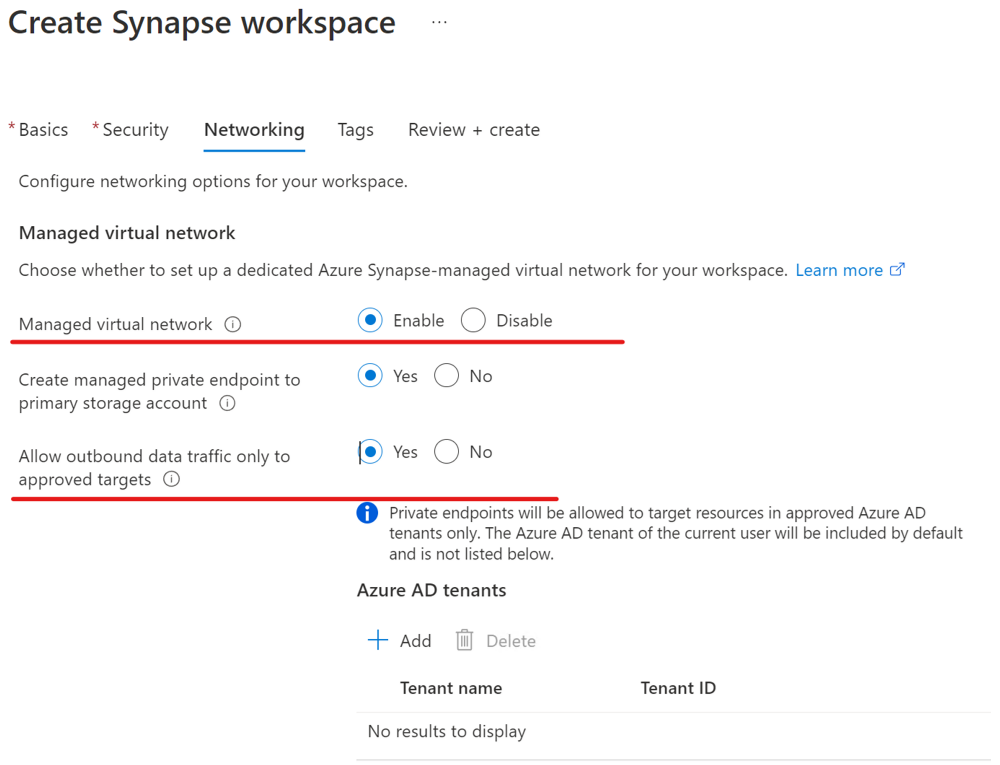 Screenshot: Erstellen eines Azure Synapse-Arbeitsbereichs, der ausgehenden Datenverkehr nicht zulässt