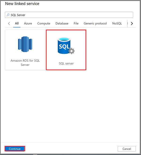 Screenshot: Erstellen eines verknüpften SQL Server-Diensts.