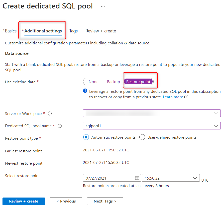 Wiederherstellen des SQL Pools