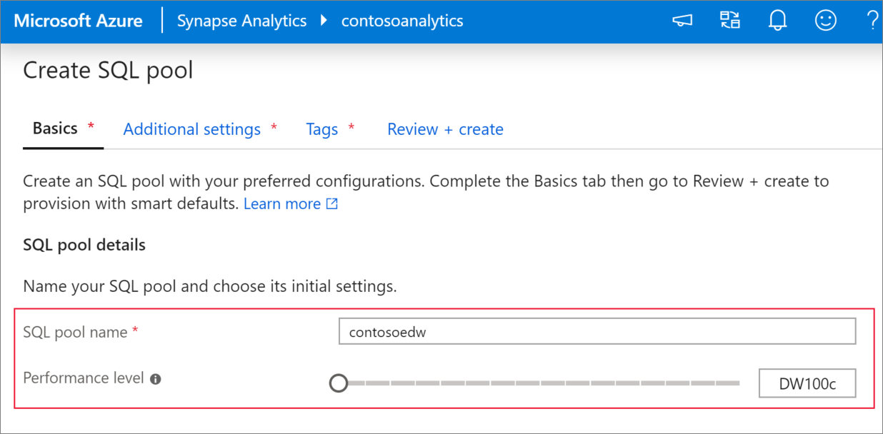 Screenshot: Flow zum Erstellen von SQL-Pools – Registerkarte „Grundlagen“