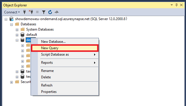 Screenshot des Fensters „Neue Abfrage“ für einen serverlosen SQL-Pool