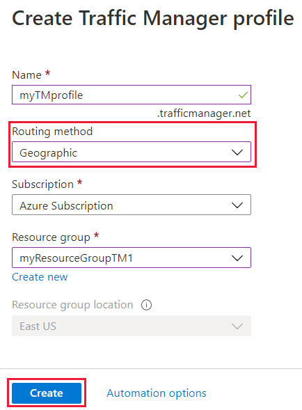 Seite für die Erstellung eines Traffic Manager-Profils