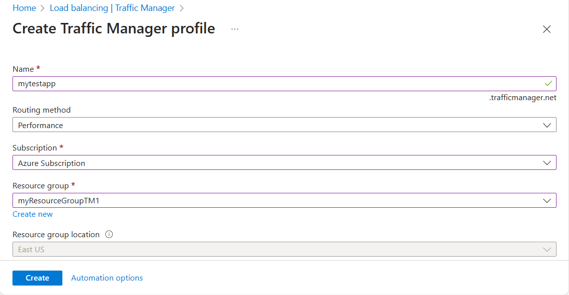 Screenshot der Erstellung eines Traffic Manager-Profils mit Performance-Routing.