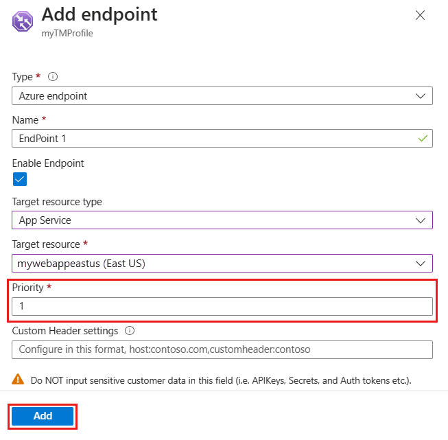 Endpunkt mit Priorität 1 hinzufügen