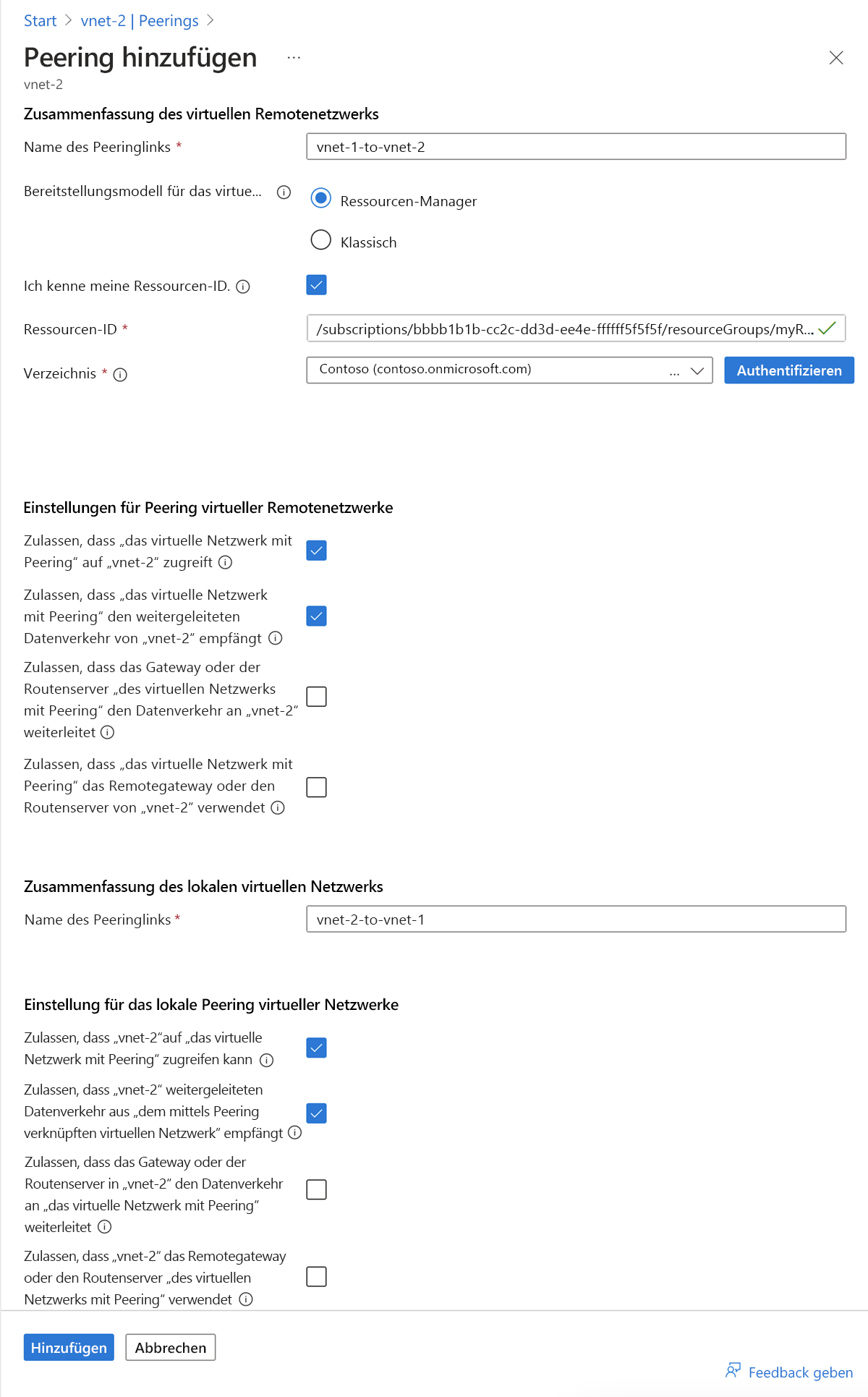 Screenshot des Peering von vnet-2 zu vnet-1.