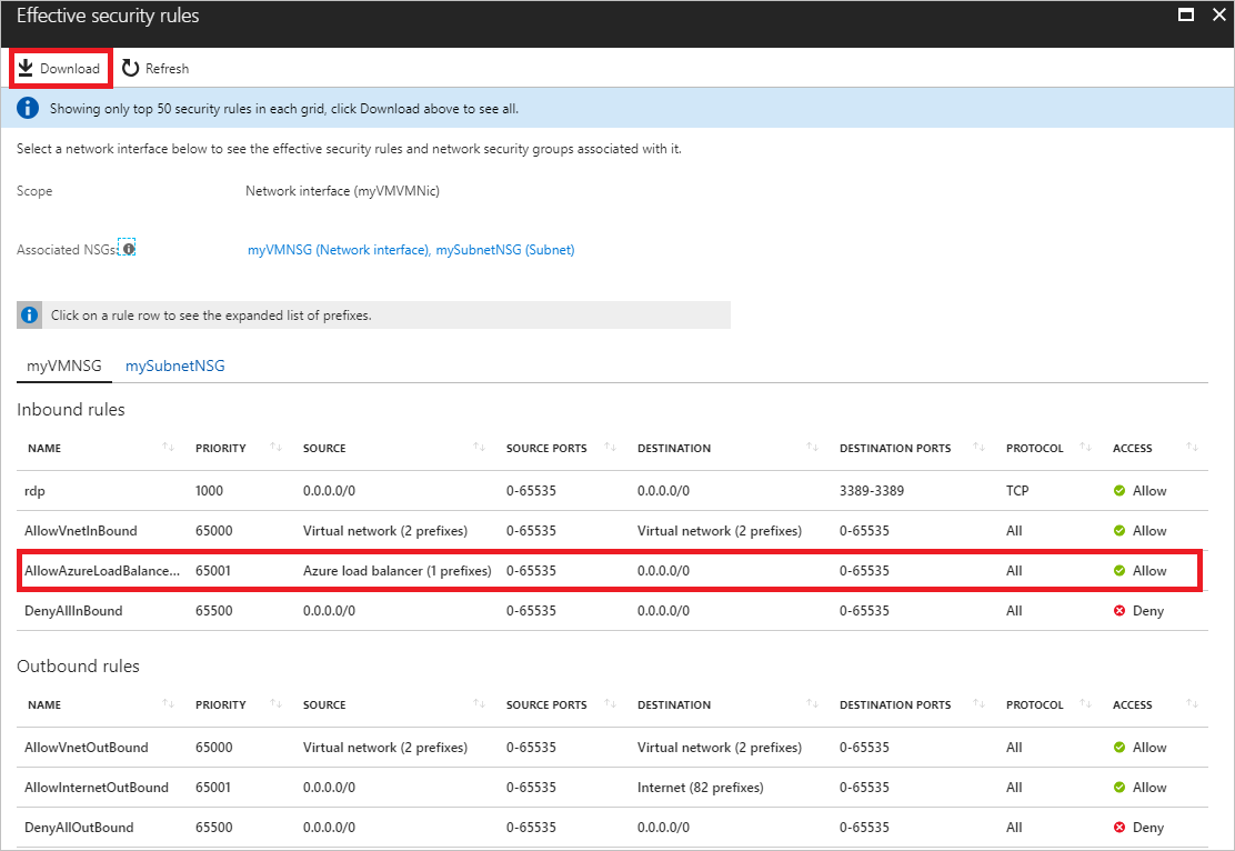 Screenshot des Bereichs „Effektive Sicherheitsregeln“ mit ausgewählter Downloadoption und ausgewählter Eingangsregel „AllowAzureLoadBalancerInbound“